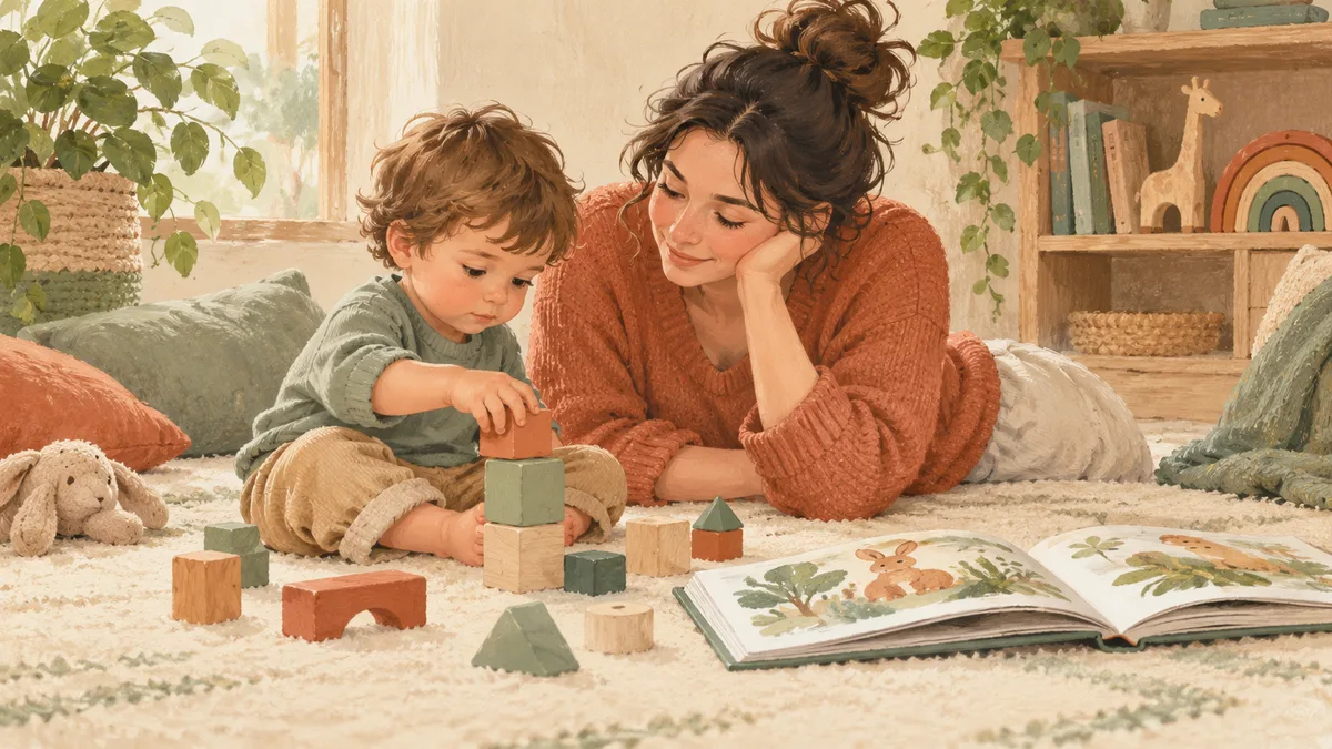 Иллюстрация: родитель и малыш спокойно играют с деревянными кубиками рядом с книжкой
